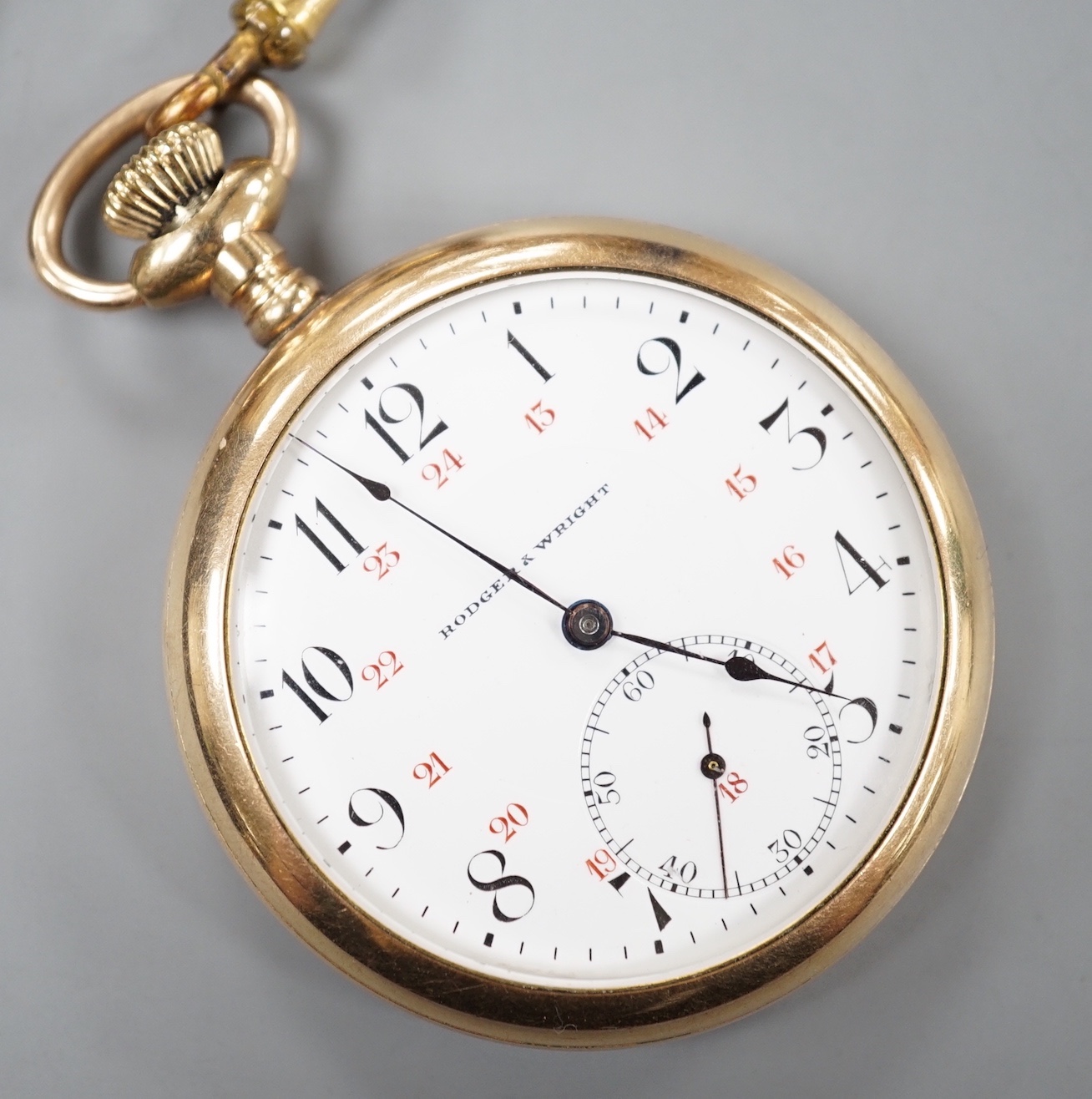An engine turned gold plated keyless open faced pocket watch, by Rodger & Wright, case diameter 50mm.